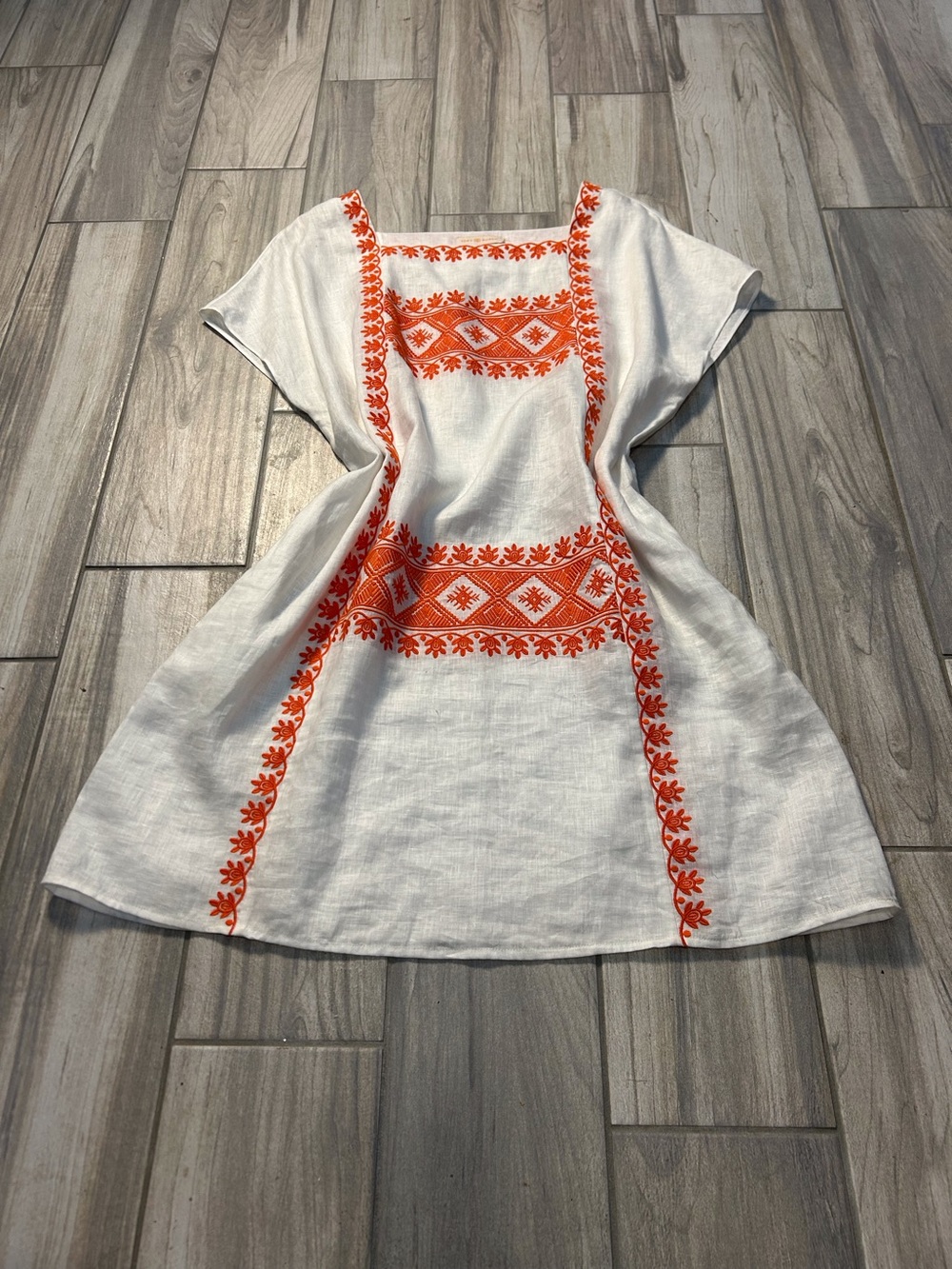 White Linen Dress Orange Embroidery Sz Large Square Neckline Boho Quiet Luxury